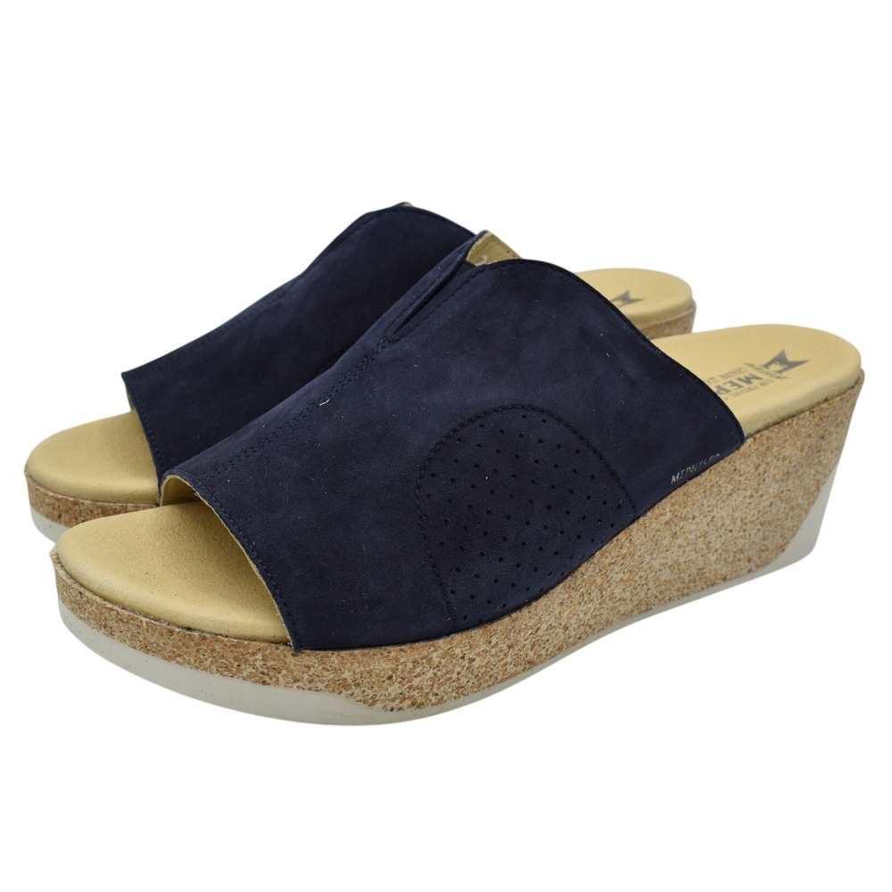 Mephisto Women EU 41 Giuletta Indigo Leather Wedge Slides Shoes Beachy BOHO